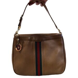 Gucci Web Sherry Line Brown Leather Shoulder Bag with Vintage Gucci Bag Charm